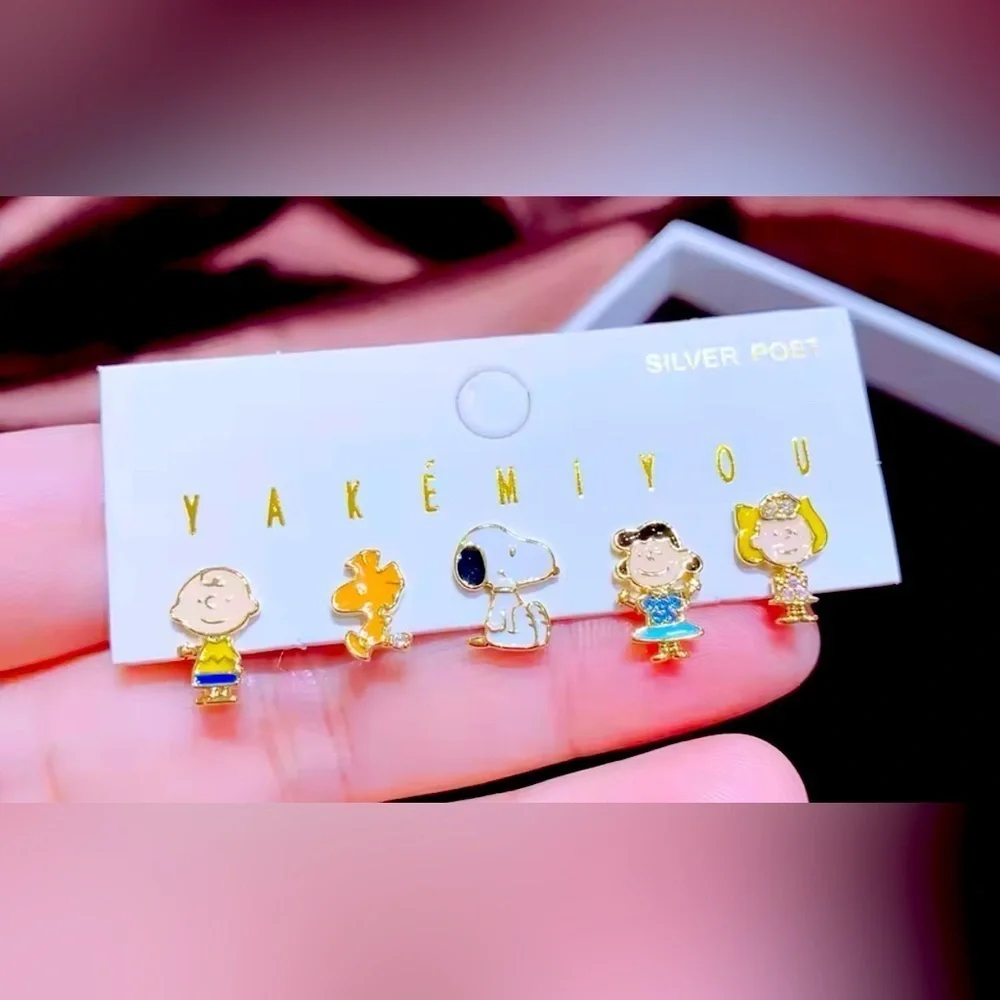14K Gold Peanuts Gang Snoopy Enameled Theme Earrings Mismatched Set